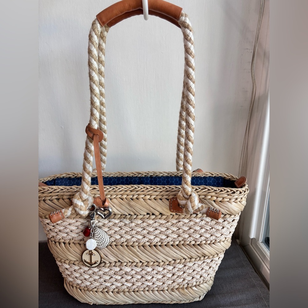 Brighton Nautical Beige and Brown Woven Straw Tote Bag Leather Trim